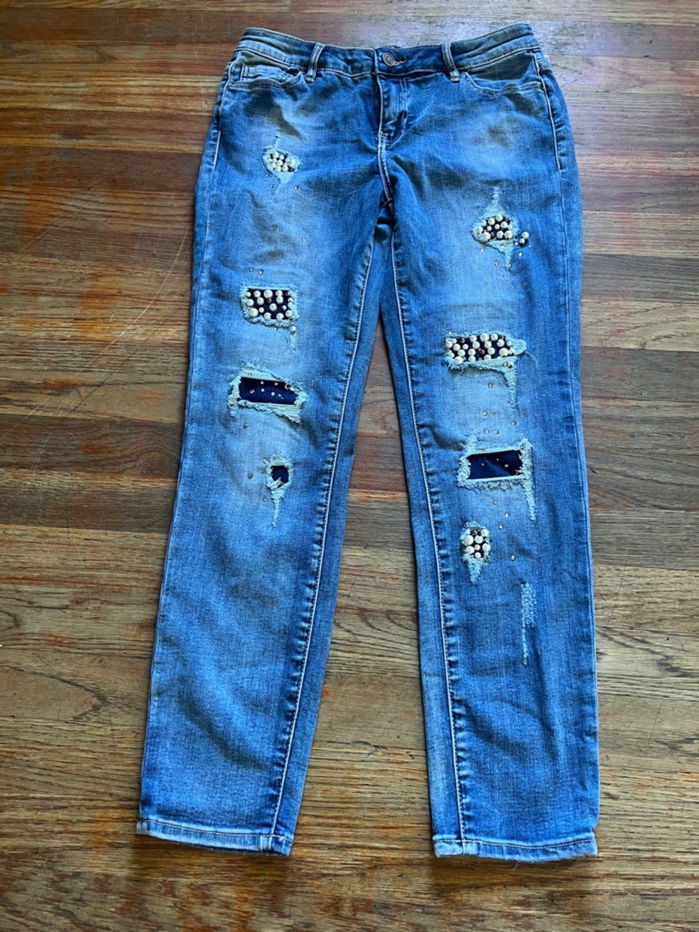 bebe Blue Distressed Skinny Jeans with Pearl Embellishments